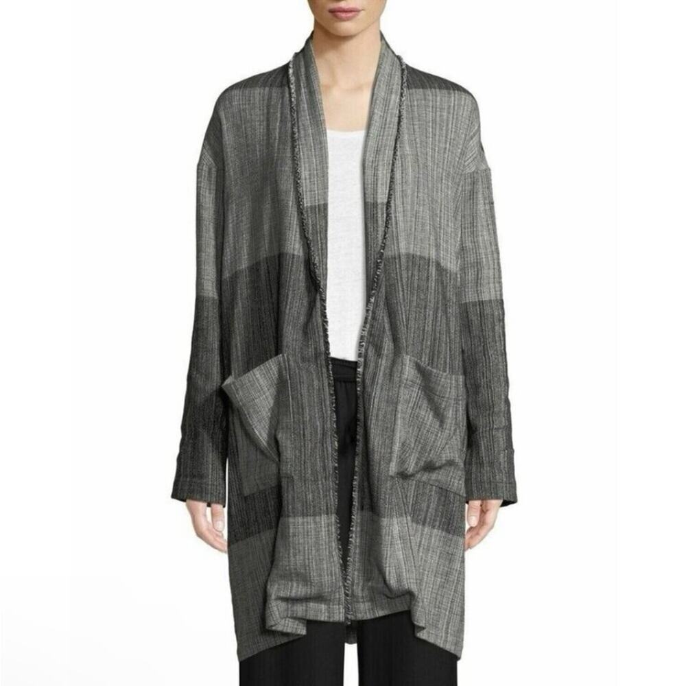 Eileen Fisher Hazy Blocks Organic Cotton Frayed Edge Jacket Size OS